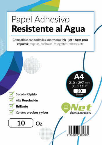 Imagen 1 de 5 de Papel Adhesivo Resistente Al Agua 10oz A4 Pack 20 Hojas