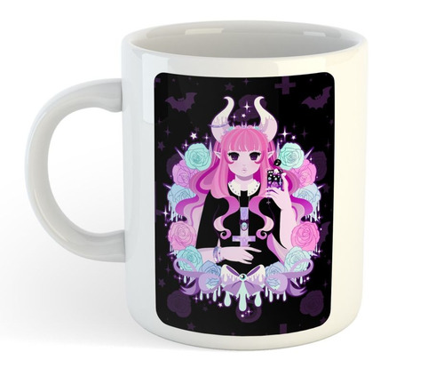 Taza De Ceramica Satanic Girl Pink Cartonn Dark Anticristo