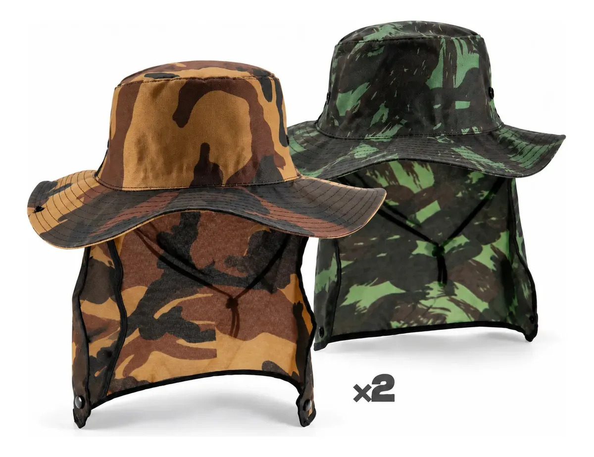 Kit 2 Chapéu Pescador Camuflado Proteção Solar Pesca Trilhas Cor Verde E Marrom Tamanho Un