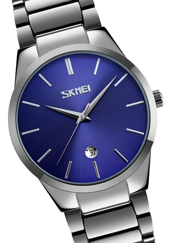 Reloj Hombre Skmei 9140 Acero Minimalista Fecha Elegante Color De La Malla Plateado/azul
