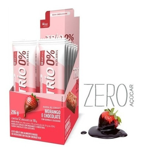 Barra Cereal Trio Zero Morango C/ Chocolate 216g Caixa 12un 