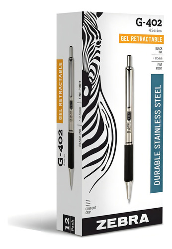 Zebra G-402 Stainless Steel Retractable Gel Pen, Fine Point, 0.5mm, Black Ink, 12-count