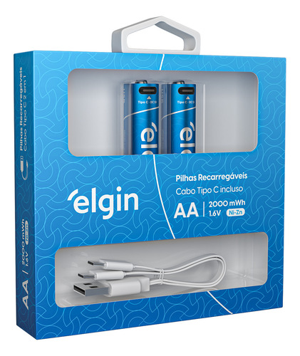 2 Pilhas Recarregável Aa Tipo C Com Cabo 2000mah Elgin