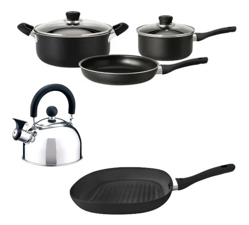 Set Cocina Bifera Teflon Antiadherent Pava Silbadora Hudson 