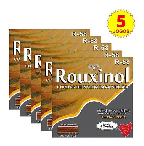 Kit 5 Encordoamentos P/  Violão Rouxinol R-58 Nylon