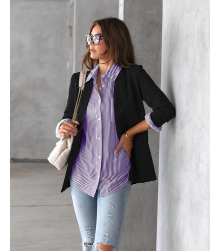 Camisa De Manga Larga Informal Holgada Con Top A Rayas Mujer
