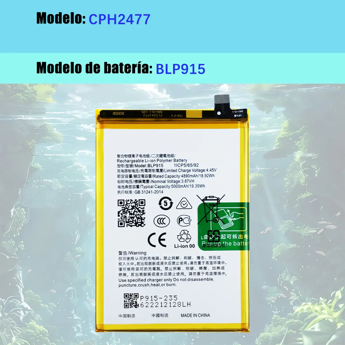 Batería de Polímero de Litio para Oppo A17 y A17k con 5000 mAh