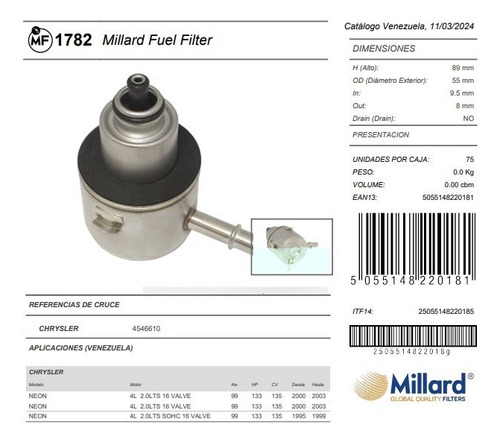 Mf 1781 Filtro Gas Chrysler Neon 4l 2.0lts 16 Valvule  95/03