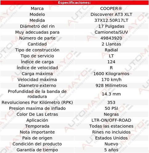 Set 2 Llantas Discoverer At3 Xlt Cooper 37x12.50r17lt 124r