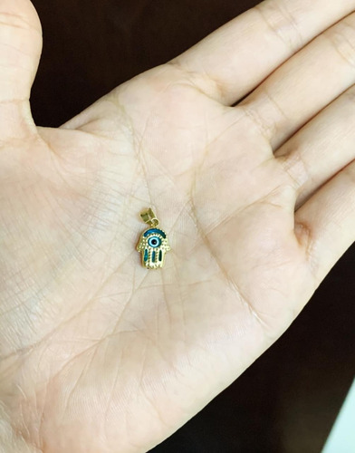 Dije De Oro 14k, Mano De Fatima Con Ojo Turco, Estambul Joya Color Celeste