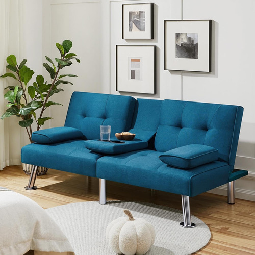 Sofá Cama Convertible De Tela Ajustable, Azul Yaheetech