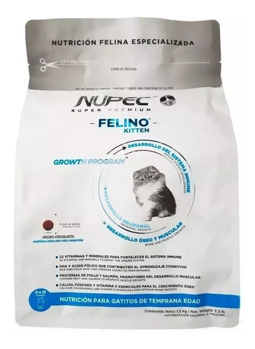 Imagen 1 de 1 de Alimento Nupec Nutrición Felina Especializada Kitten para gato de temprana edad sabor pollo, salmon y arroz en bolsa de 1.5kg
