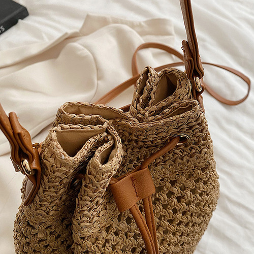 Bolso De Hombro Straw Bucket Bag Con Cordón Para Mujer