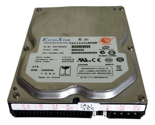 Hard Disk Hd Antigo Excelstor Jupter 80gb Ide Muito Raro Pc