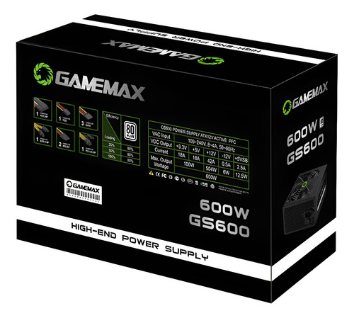 Fonte Gamer Gamemax Gs600 600w Box 80 Plus White Pfc Ativo