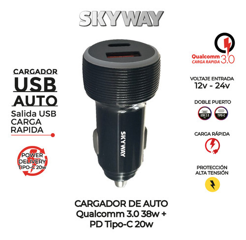 Cargador Auto Usb Qualcomm 3.0 38w + Tipo C Pd Carga Rapida Color Negro
