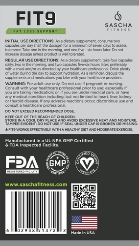 Imagen 5 de 8 de Sascha Fitness Fit 9 (120 Capsulas) Fit9 Oferta!