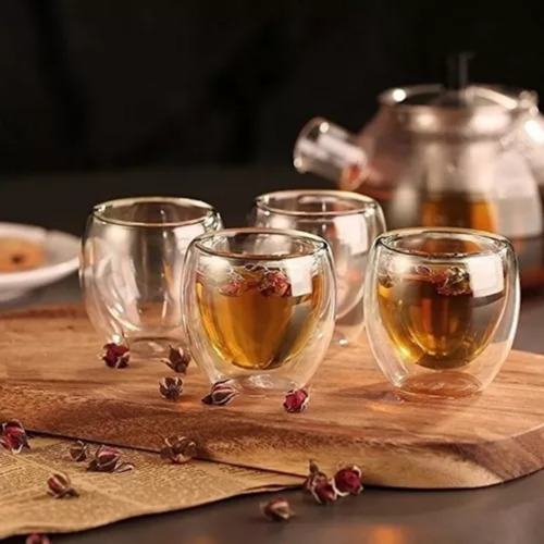 Juego 4 Tazas Café Vidrio Termico 80ml - Doble Taza Café