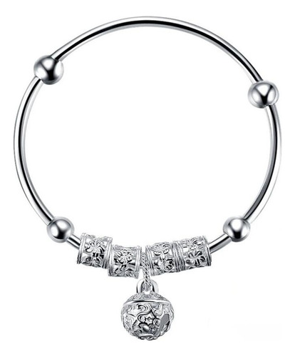 Pulsera Ajustable Plata Ley 925 Brazalete Bola Con Cascabel