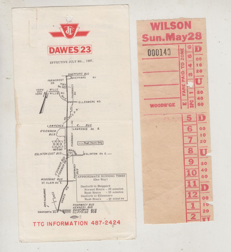 1967 Toronto Canada Boleto Y Destinos De Buses Ephemera Raro