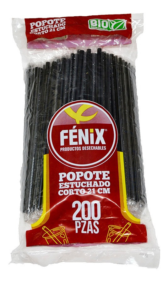 Popote Estuchado Corto Biodegradable 200 Piezas Color Negro