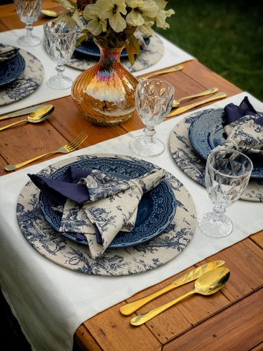 Conjunto Mesa Posta Linho Toile De Jouy Estilo Farm House