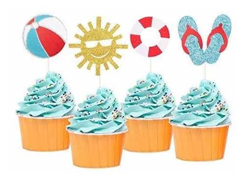 24 Piezas Glitter Summer Beach   Toppers Pool Party   S...