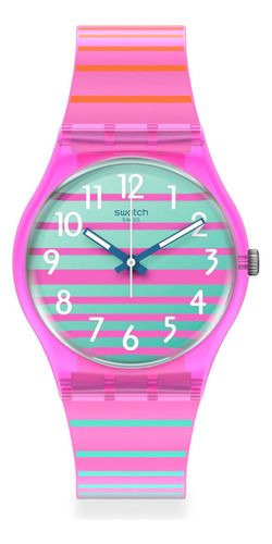 Reloj Swatch Electrifying Summer Para Mujer De Silicona Rosa Color De La Malla Rosa Chicle Color Del Bisel Rosa Chicle Color Del Fondo Celeste