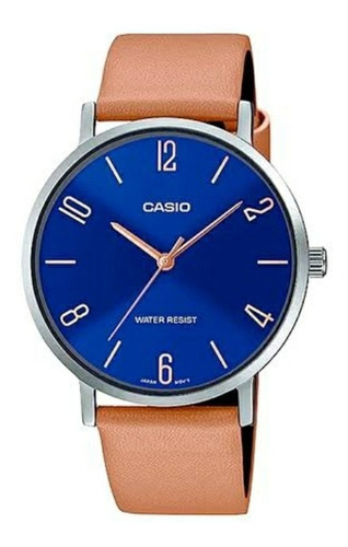 Reloj Casio Modelo Mtp-vt01 Piel Color Camel Cara Azul