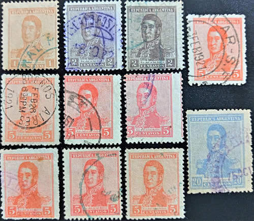 Argentina, Lote 11 Sellos San Martín 1917 Matasellos L19251