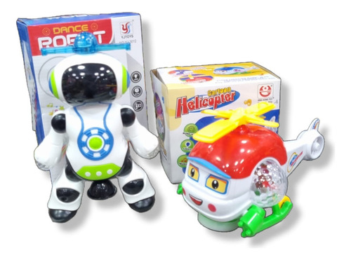 Kit Robo Hélice Que Dança E Mini Helicóptero Cartoon Som/luz Cor Branco Personagem Helicóptero E Robô