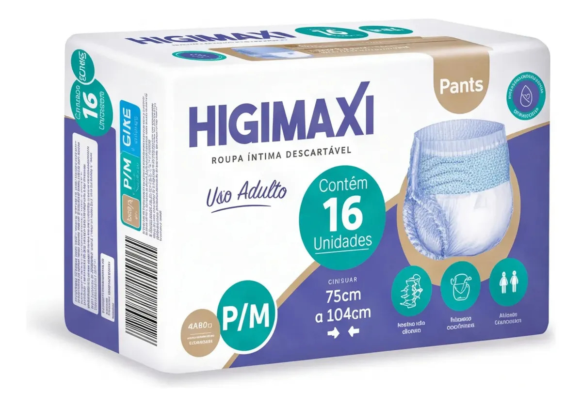 Fralda Geriátrica Higimaxi Adulto Incontinencia Urinaria Descartaveis 16 Unidades Tamanho P/M Pant Confort Máxima Absorção