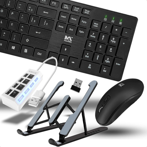 Teclado E Mouse Wireless Ergonômico Hub Extensor Usb 4 Portas E Suporte Dobrável Kit Notebook