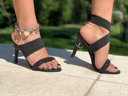 Imagen 4 de 9 de Zapatos Sandalias Fiesta Mujer Brillocruzada Taco Broche