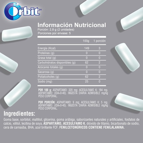 Imagen 2 de 4 de Orbit Chicle Sin Azúcar Sabor Menta Suave 10u