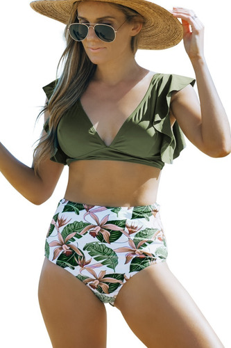 Bikini Cintura Alta Con Dobladillo Con Volantes Floral Verde