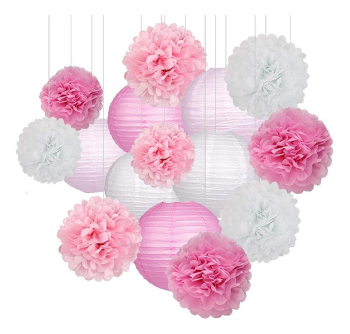 Linternas De Papel Y Pompones Rosa Y Blanco, 15 Piezas