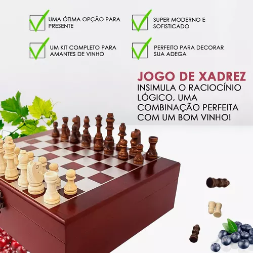 Jogo De Xadrez Madeira De Luxo Com Acessórios Para Vinho