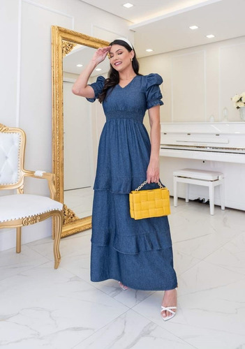 Imagem 3 de 3 de Vestido Jeans Longo Tipo Sol Da Terra Roupas Evangelicas