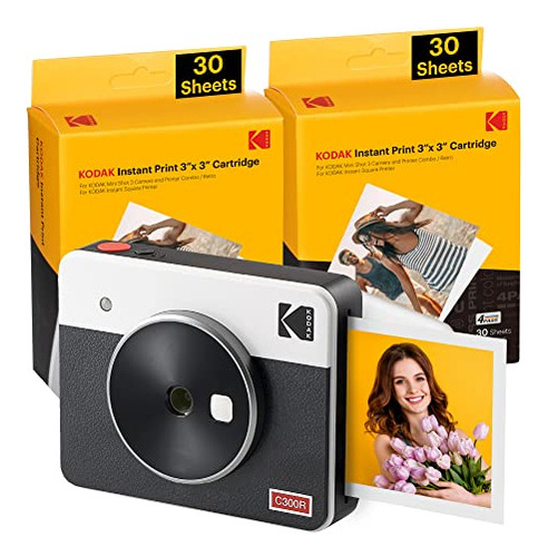 Kodak Mini Shot 3 Retro 4pass 2-en-1 Cámara Instantánea Y Impresora De Fotos (7,6x7,6cm) + Pack Con 68 Hojas, Blanco
