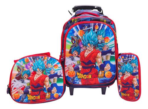 Mochila Escolar Infantil E Juvenil Dragon Ball 3 Peças Cor Azul Escuro Com Detalhe Vermelho