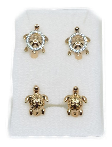 Aretes De Tortuga 2 Pares Zirconias Oro Laminado Huggies U9