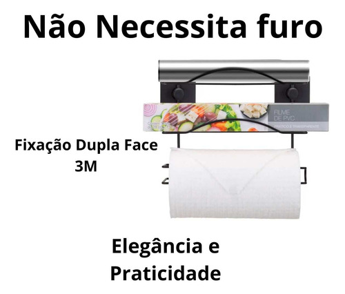 Porta Papel Cozinha 3 Em 1 Parede Fixação C/ Dupla Face 3m Preto
