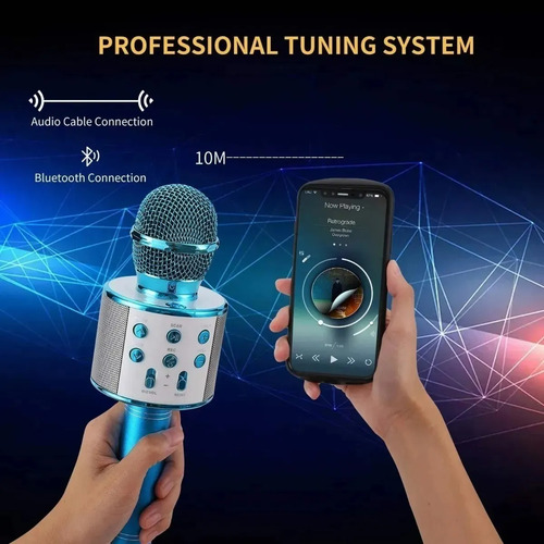 Microfono Karaoke Inalambrico Con Bluetooth Y Bocina Altavoz Azul