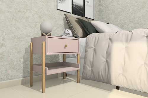 Mesa De Cabeceira Em Mdf Pés em Madeira Natural Com 1 Gaveta E Prateleira Acabamento Fosco Cor Sal Rosa