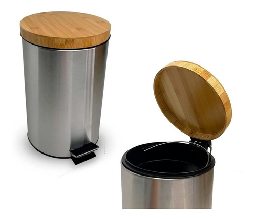 Cesto Basura Acero Inox. Con Tapa Madera Cierre Suave 3 Lts