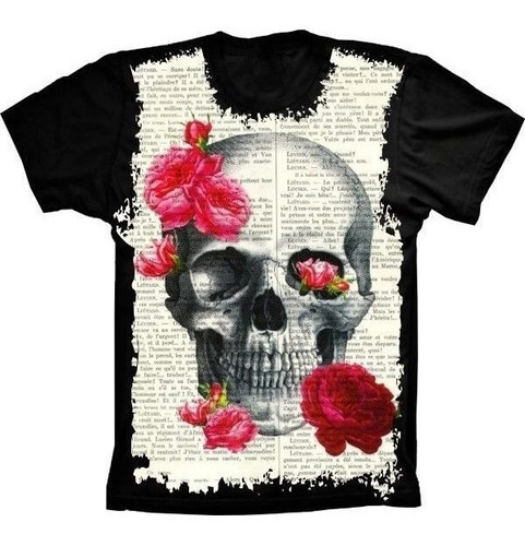 Camiseta Estilosa 3d Fullprint Skull Caveira Rosas Vermelh