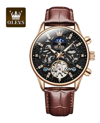 Olevs Reloj Mecánico Esqueleto De Cuero Para Hombre Color Del Fondo Rose Black