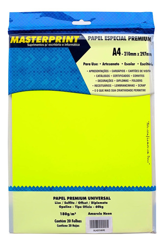 Papel Neon 180g A4 Amarelo, Laranja, Verde Ou Pink 20 Folhas Cor Amarelo Neon