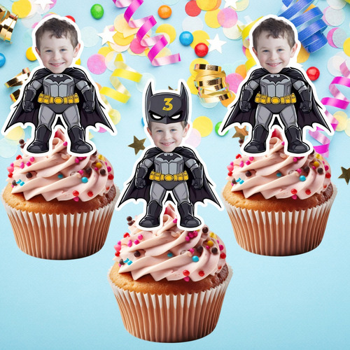 20 Topper Personalizado De Batman Con Rostro De 7 Cm Negro Batman Rostro